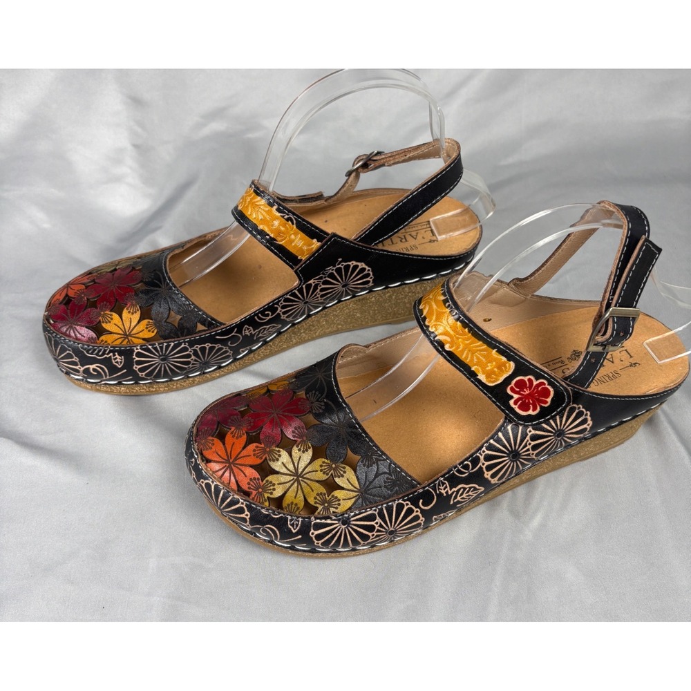 L'Artiste Spring Step Flochino Floral Leather Wedge Mary Jane Shoes Black 40  9